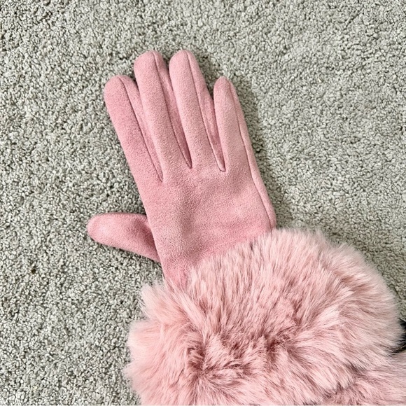 Super-Soft Faux Suede Pink Gloves Faux Rabbit Fur Tech Touch Fingers Size S - Picture 3 of 5